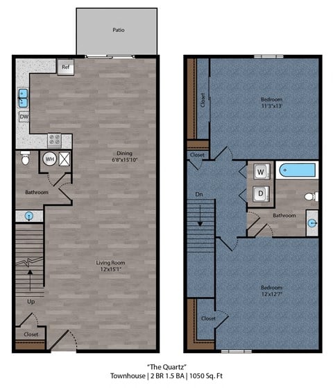 Floor plan for 2 beds, 1.5 baths, 1025 sqft